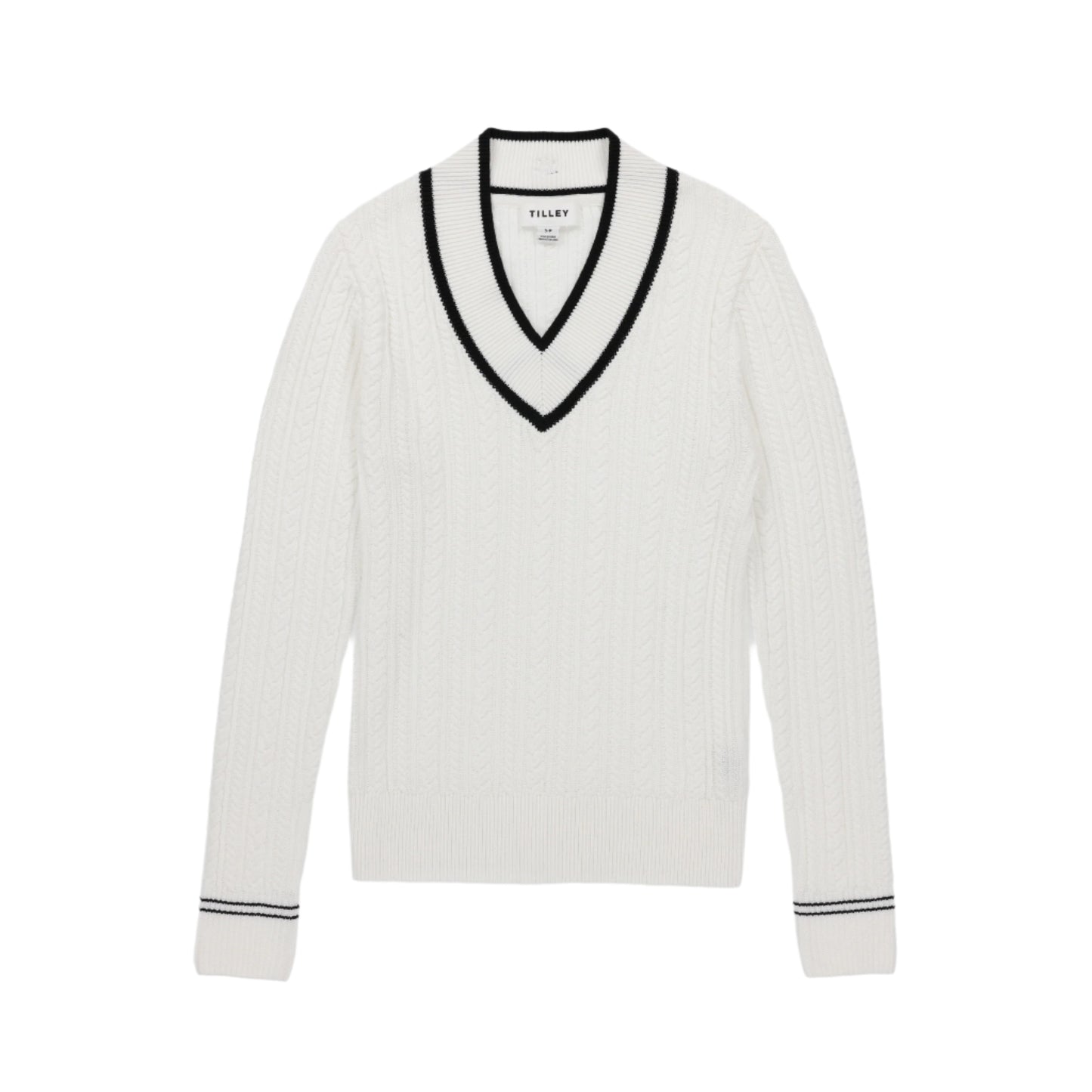 Womens V Neck Cable Sweater - White/Black