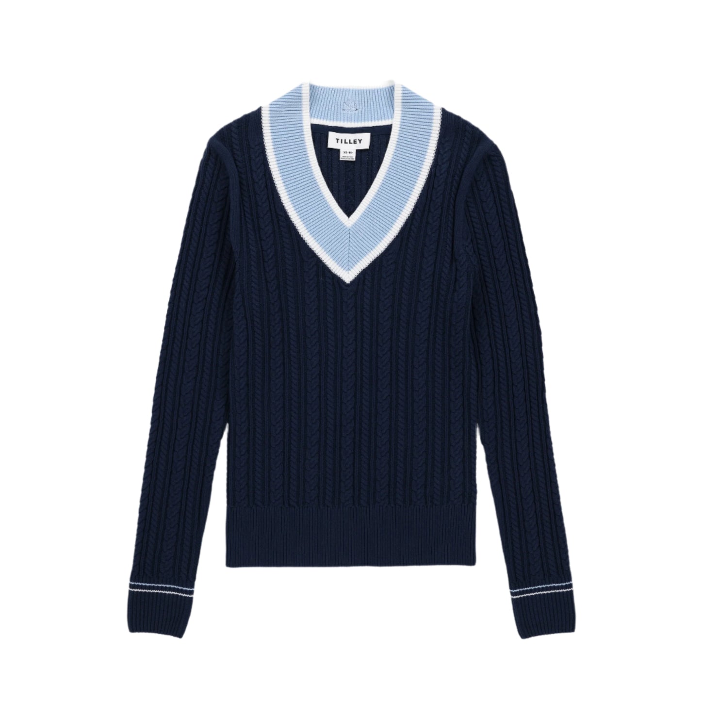 Womens V Neck Cable Sweater - Navy/White