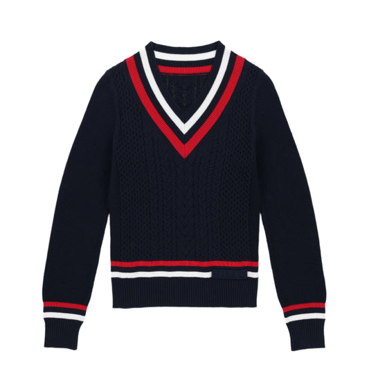 Womens Preppy Deep V Sweater - Navy/Red/White
