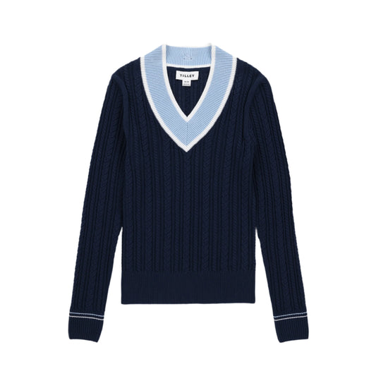 Womens V Neck Cable Sweater - Navy/White
